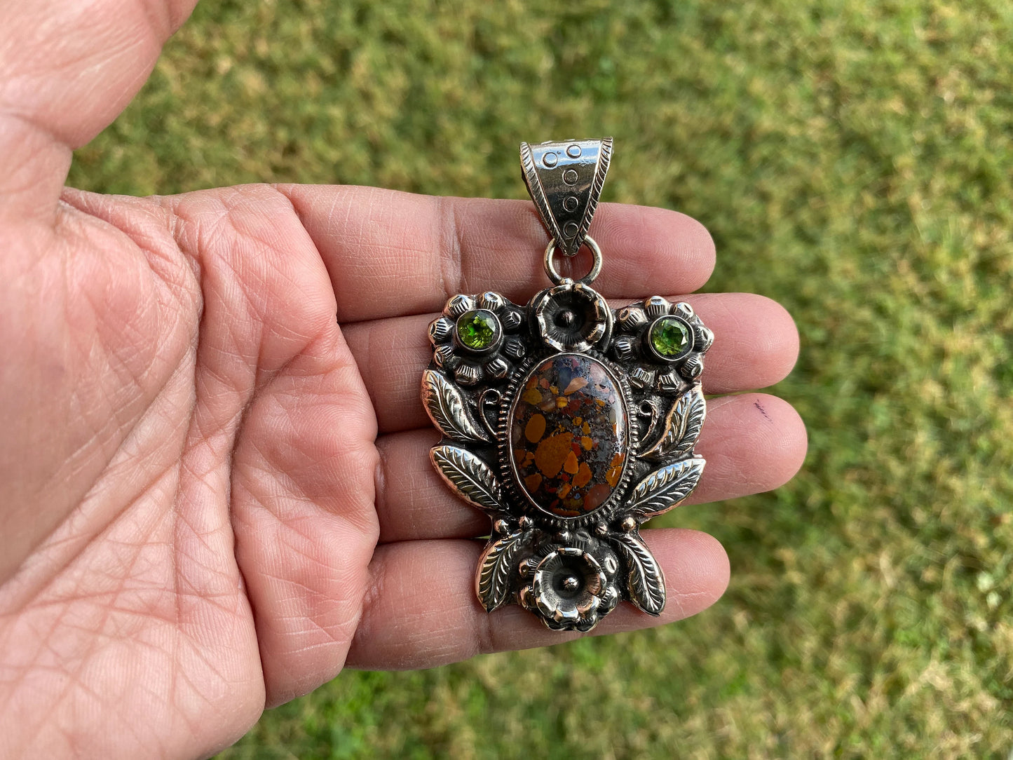 Brecciated Jasper with Peridot Tibetan Silver Pendant, Jewelry from Nepal, Energy Pendant, Gemstone Pendant, Handcrafted Jewelry for Women