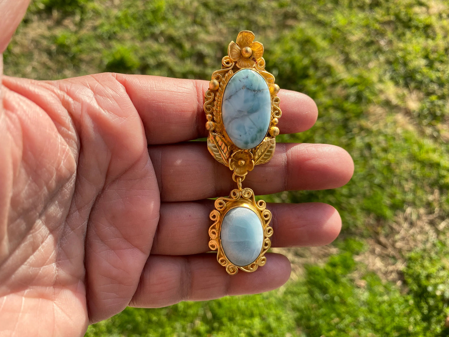 Brushed Gold Larimar Natural Stone Pendant, Non Tarnish Gold Overlay, Jewelry for Women, Ethnic Jewelry, Energy Stone Pendant, Blue Stone