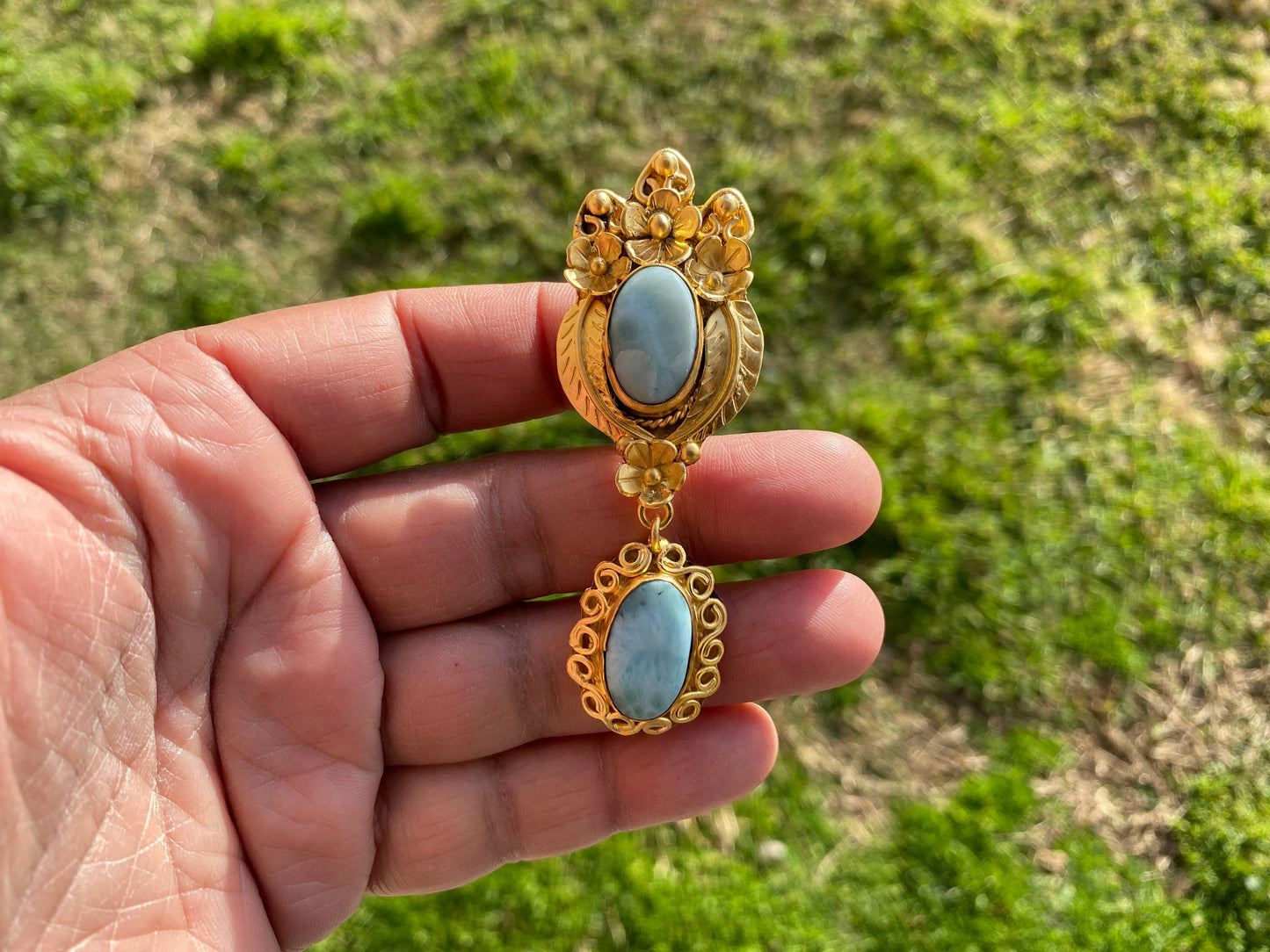 Brushed Gold Larimar Natural Stone Pendant, Non Tarnish Gold Overlay, Jewelry for Women, Ethnic Jewelry, Energy Stone Pendant, Blue Stone