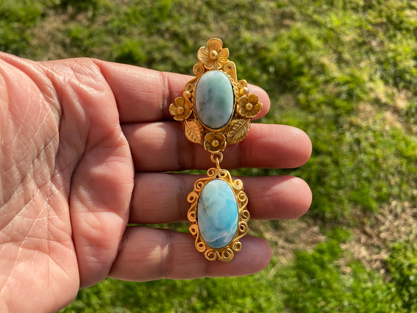 Brushed Gold Larimar Natural Stone Pendant, Non Tarnish Gold Overlay, Jewelry for Women, Ethnic Jewelry, Energy Stone Pendant, Blue Stone