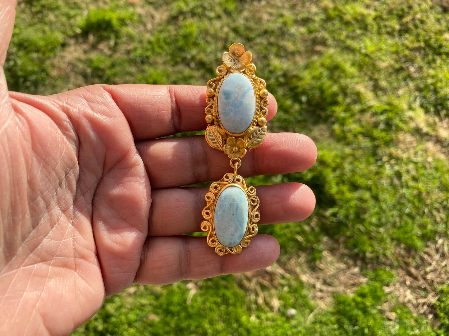 Brushed Gold Larimar Natural Stone Pendant, Non Tarnish Gold Overlay, Jewelry for Women, Ethnic Jewelry, Energy Stone Pendant, Blue Stone