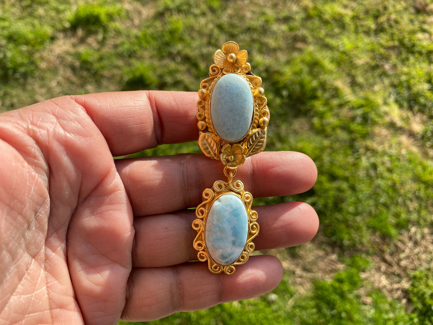 Brushed Gold Larimar Natural Stone Pendant, Non Tarnish Gold Overlay, Jewelry for Women, Ethnic Jewelry, Energy Stone Pendant, Blue Stone