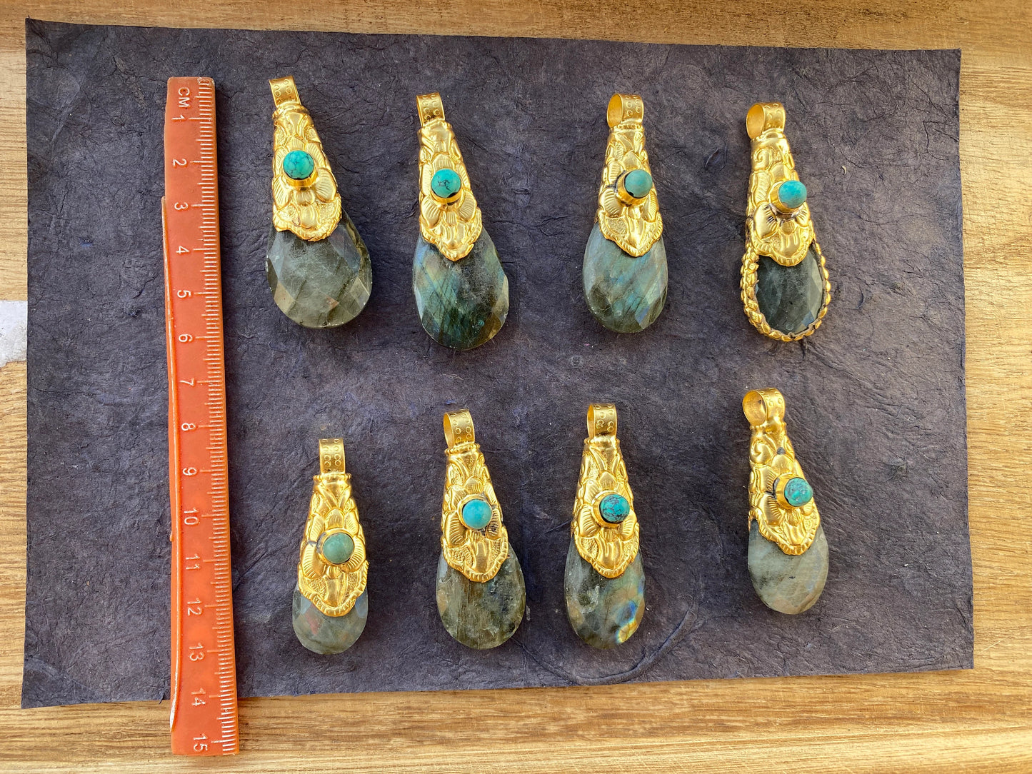 Brushed Gold Overlay Pendant, Non Tarnish, Labradorite with Turquoise Natural Stone Pendant for Necklace, Perfect for Simple Chain Necklace