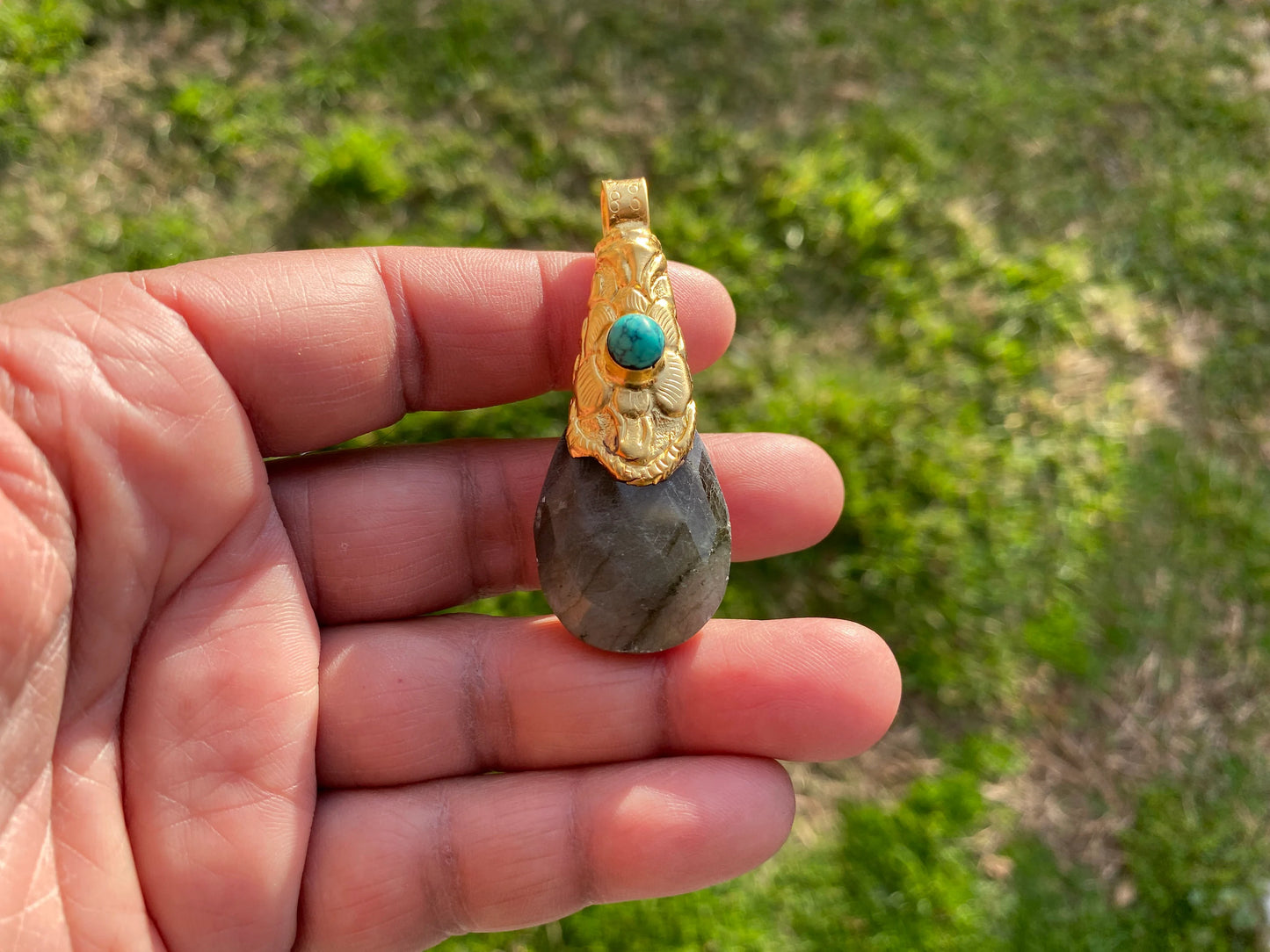 Brushed Gold Overlay Pendant, Non Tarnish, Labradorite with Turquoise Natural Stone Pendant for Necklace, Perfect for Simple Chain Necklace