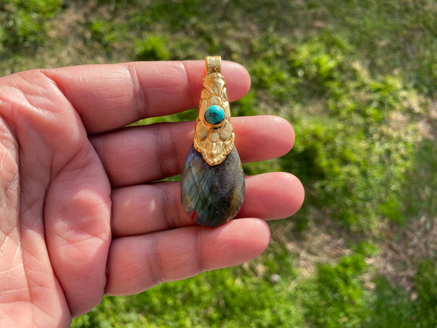 Brushed Gold Overlay Pendant, Non Tarnish, Labradorite with Turquoise Natural Stone Pendant for Necklace, Perfect for Simple Chain Necklace