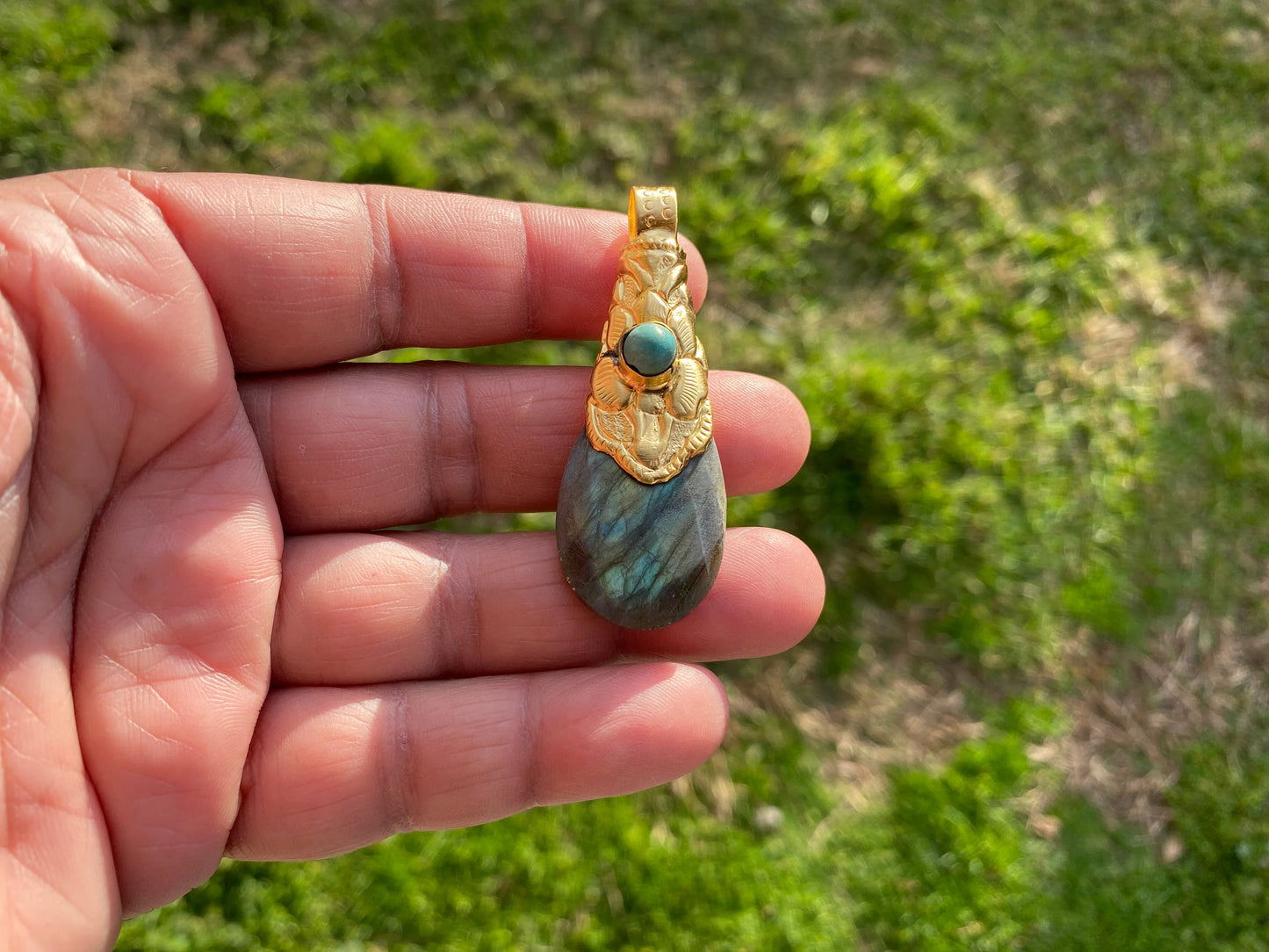 Brushed Gold Overlay Pendant, Non Tarnish, Labradorite with Turquoise Natural Stone Pendant for Necklace, Perfect for Simple Chain Necklace