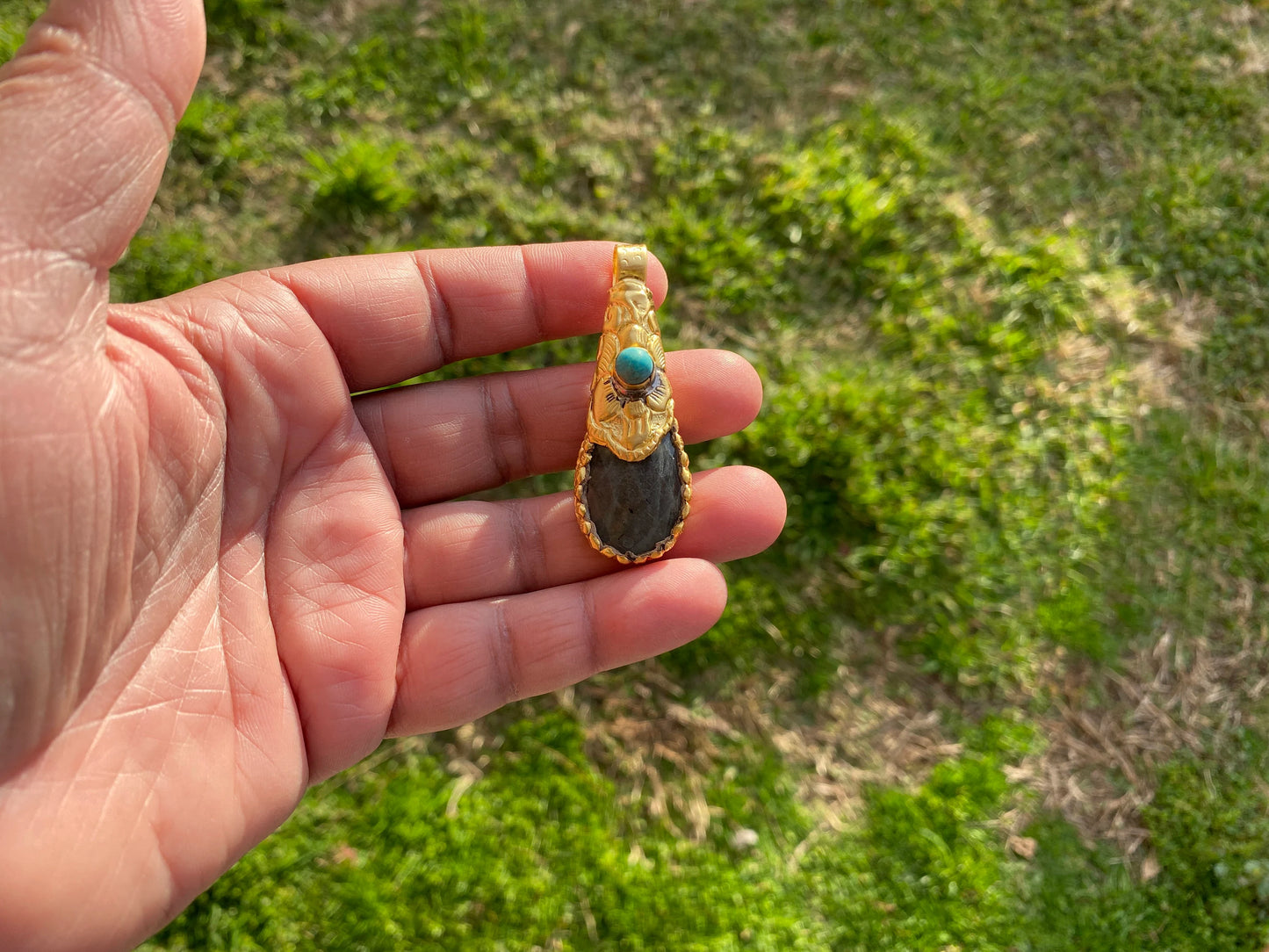 Brushed Gold Overlay Pendant, Non Tarnish, Labradorite with Turquoise Natural Stone Pendant for Necklace, Perfect for Simple Chain Necklace