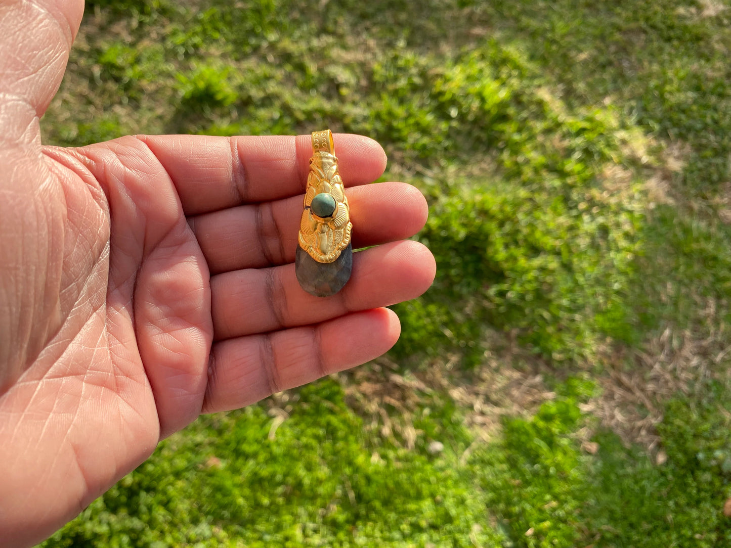 Brushed Gold Overlay Pendant, Non Tarnish, Labradorite with Turquoise Natural Stone Pendant for Necklace, Perfect for Simple Chain Necklace