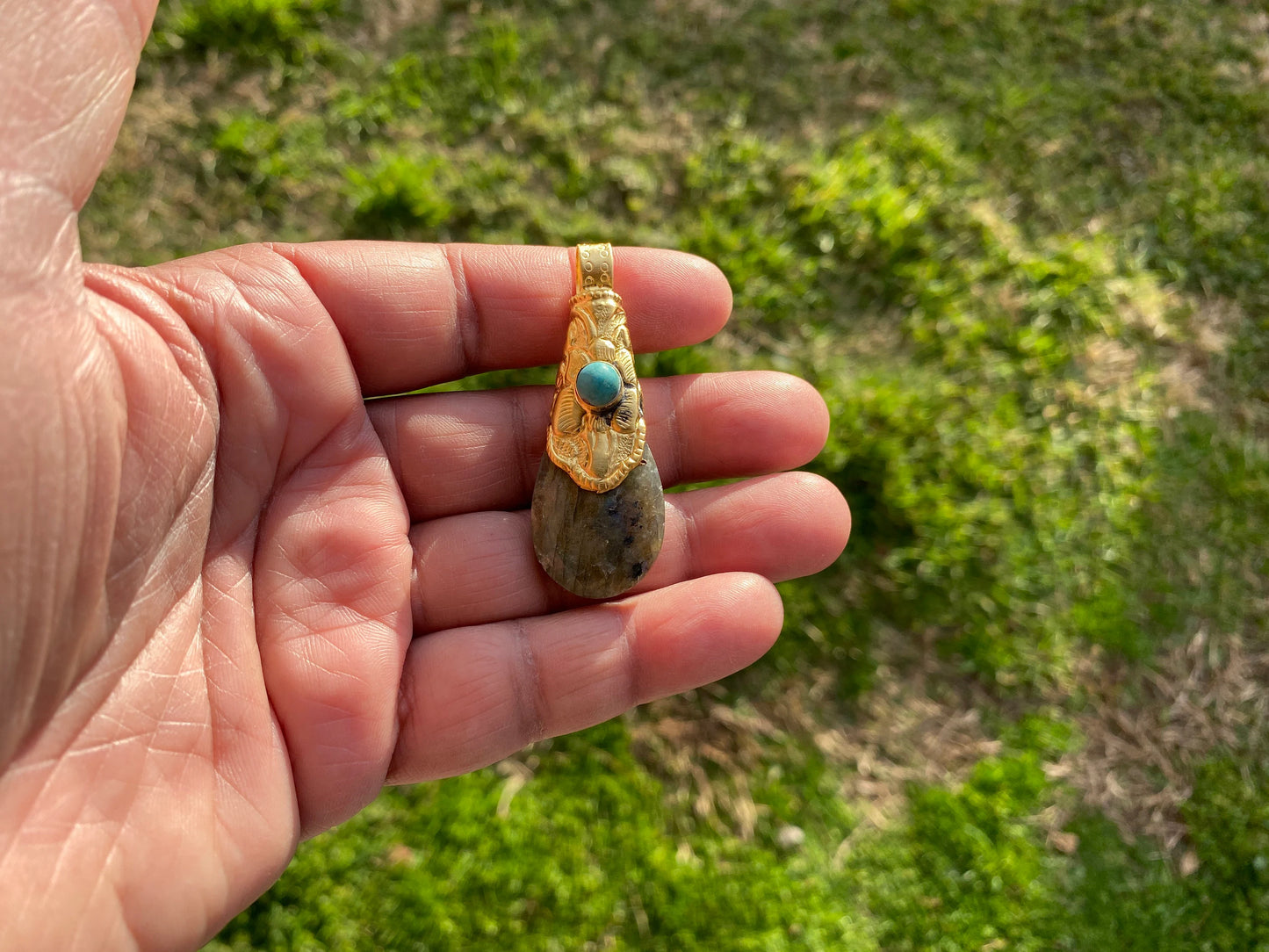 Brushed Gold Overlay Pendant, Non Tarnish, Labradorite with Turquoise Natural Stone Pendant for Necklace, Perfect for Simple Chain Necklace