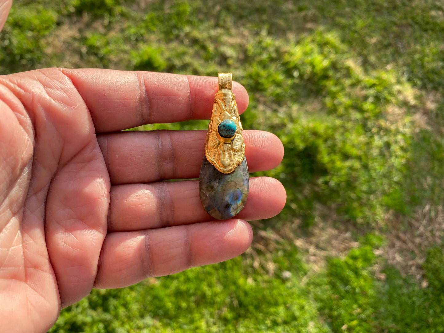 Brushed Gold Overlay Pendant, Non Tarnish, Labradorite with Turquoise Natural Stone Pendant for Necklace, Perfect for Simple Chain Necklace