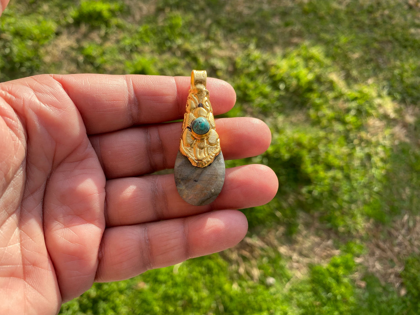 Brushed Gold Overlay Pendant, Non Tarnish, Labradorite with Turquoise Natural Stone Pendant for Necklace, Perfect for Simple Chain Necklace