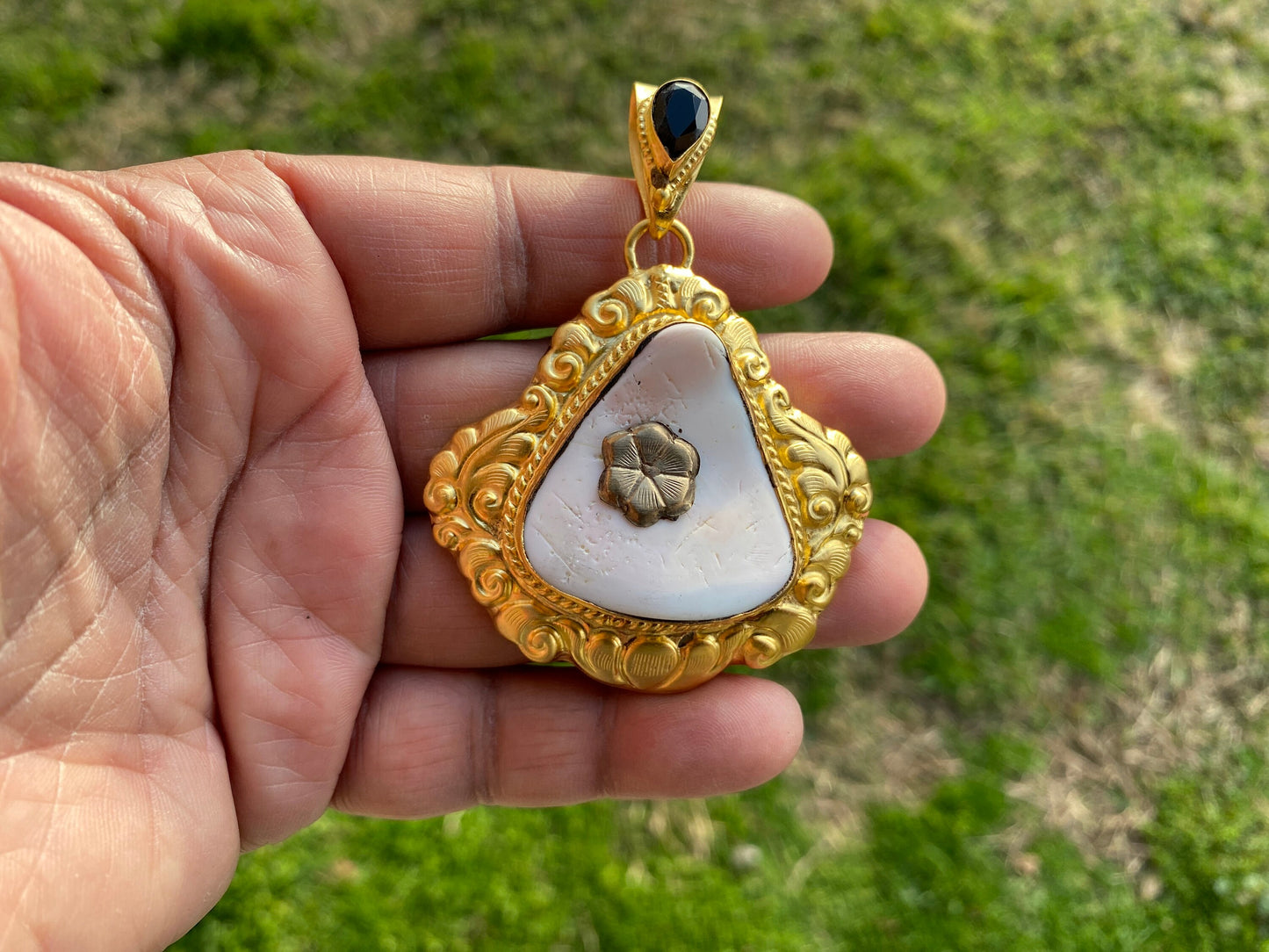 Brushed Gold Overlay Pendant, Shell with Black Onyx Gemstone, Tibetan Jewelry, Boho Style, Shell Pendant for Necklace, Ethnic Jewelry