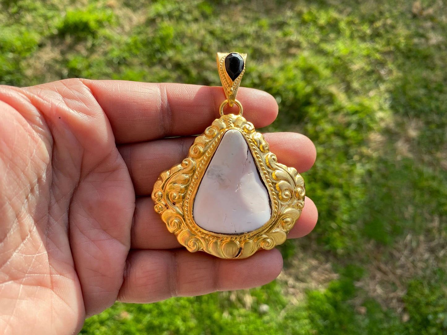 Brushed Gold Overlay Pendant, Shell with Black Onyx Gemstone, Tibetan Jewelry, Boho Style, Shell Pendant for Necklace, Ethnic Jewelry