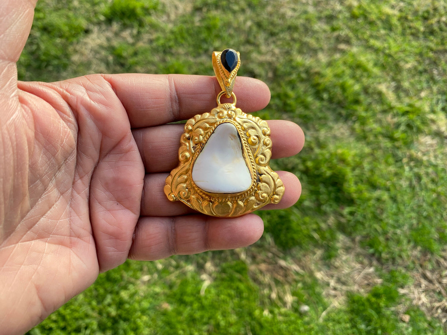 Brushed Gold Overlay Pendant, Shell with Black Onyx Gemstone, Tibetan Jewelry, Boho Style, Shell Pendant for Necklace, Ethnic Jewelry