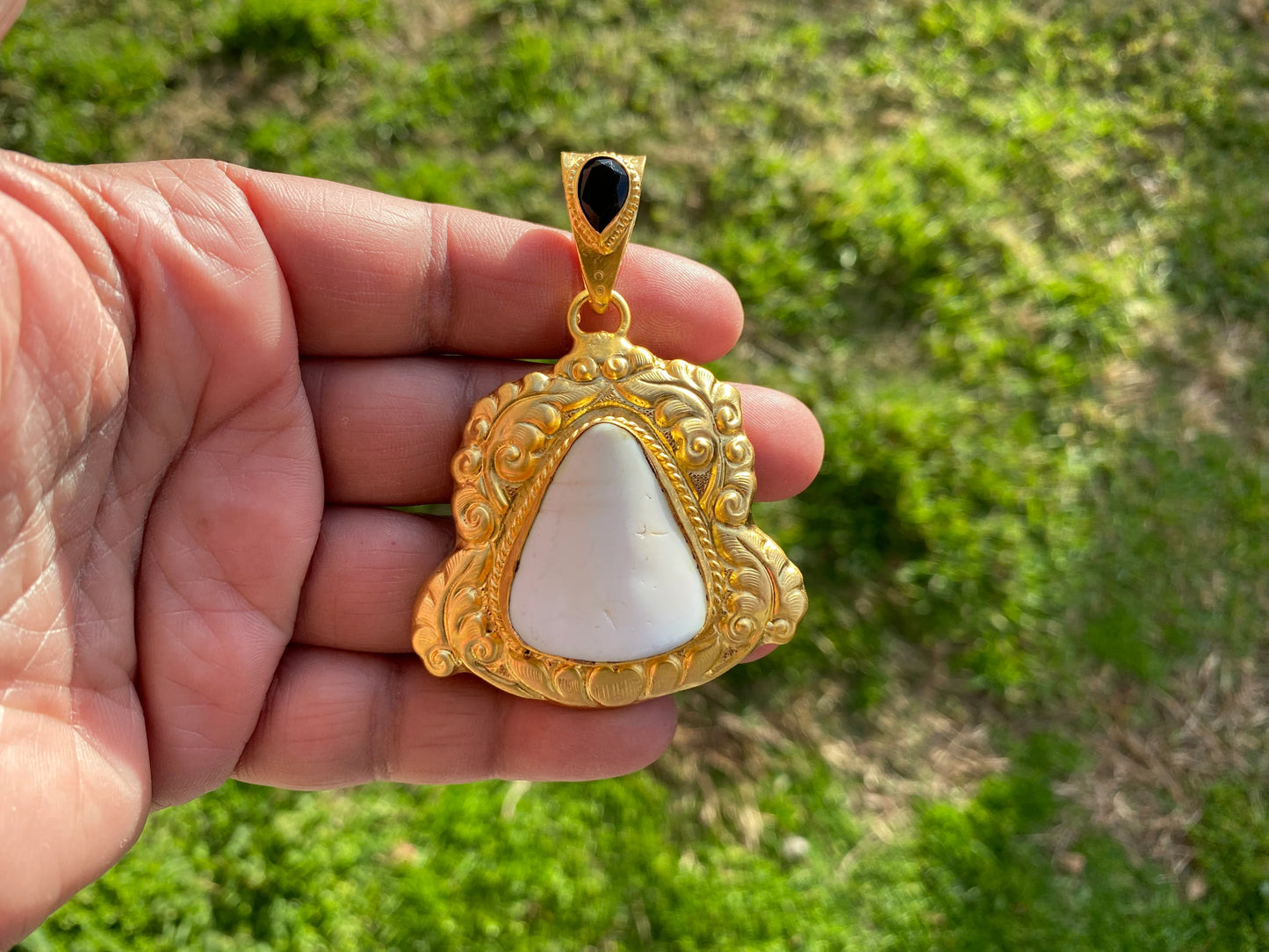 Brushed Gold Overlay Pendant, Shell with Black Onyx Gemstone, Tibetan Jewelry, Boho Style, Shell Pendant for Necklace, Ethnic Jewelry