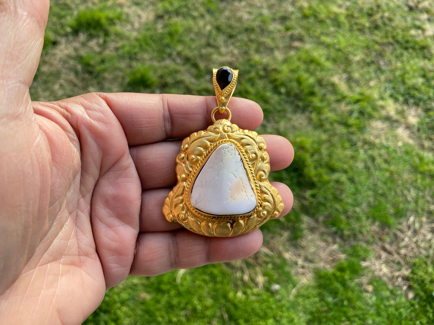 Brushed Gold Overlay Pendant, Shell with Black Onyx Gemstone, Tibetan Jewelry, Boho Style, Shell Pendant for Necklace, Ethnic Jewelry