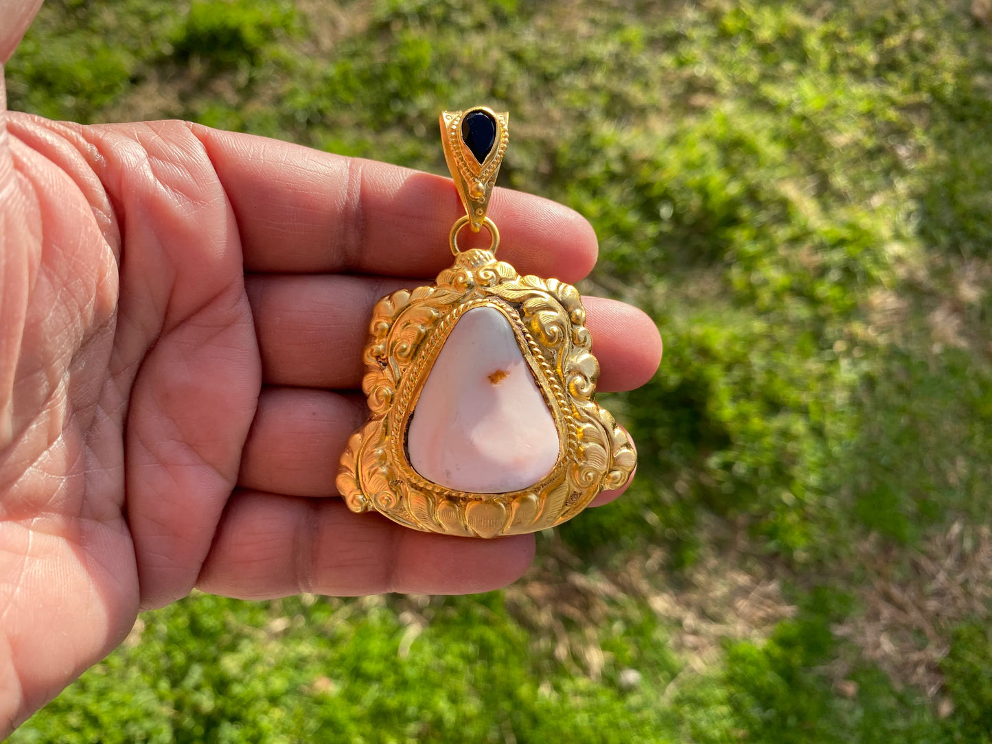 Brushed Gold Overlay Pendant, Shell with Black Onyx Gemstone, Tibetan Jewelry, Boho Style, Shell Pendant for Necklace, Ethnic Jewelry