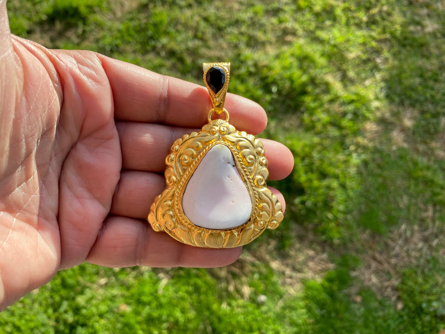 Brushed Gold Overlay Pendant, Shell with Black Onyx Gemstone, Tibetan Jewelry, Boho Style, Shell Pendant for Necklace, Ethnic Jewelry