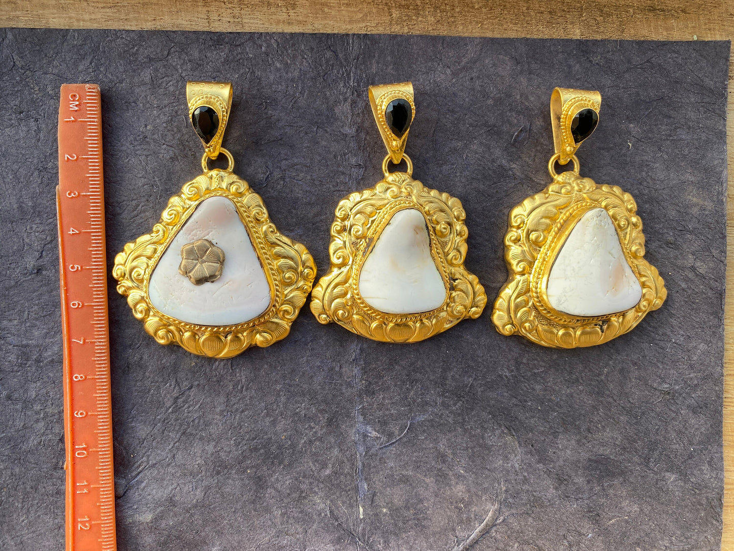 Brushed Gold Overlay Pendant, Shell with Black Onyx Gemstone, Tibetan Jewelry, Boho Style, Shell Pendant for Necklace, Ethnic Jewelry