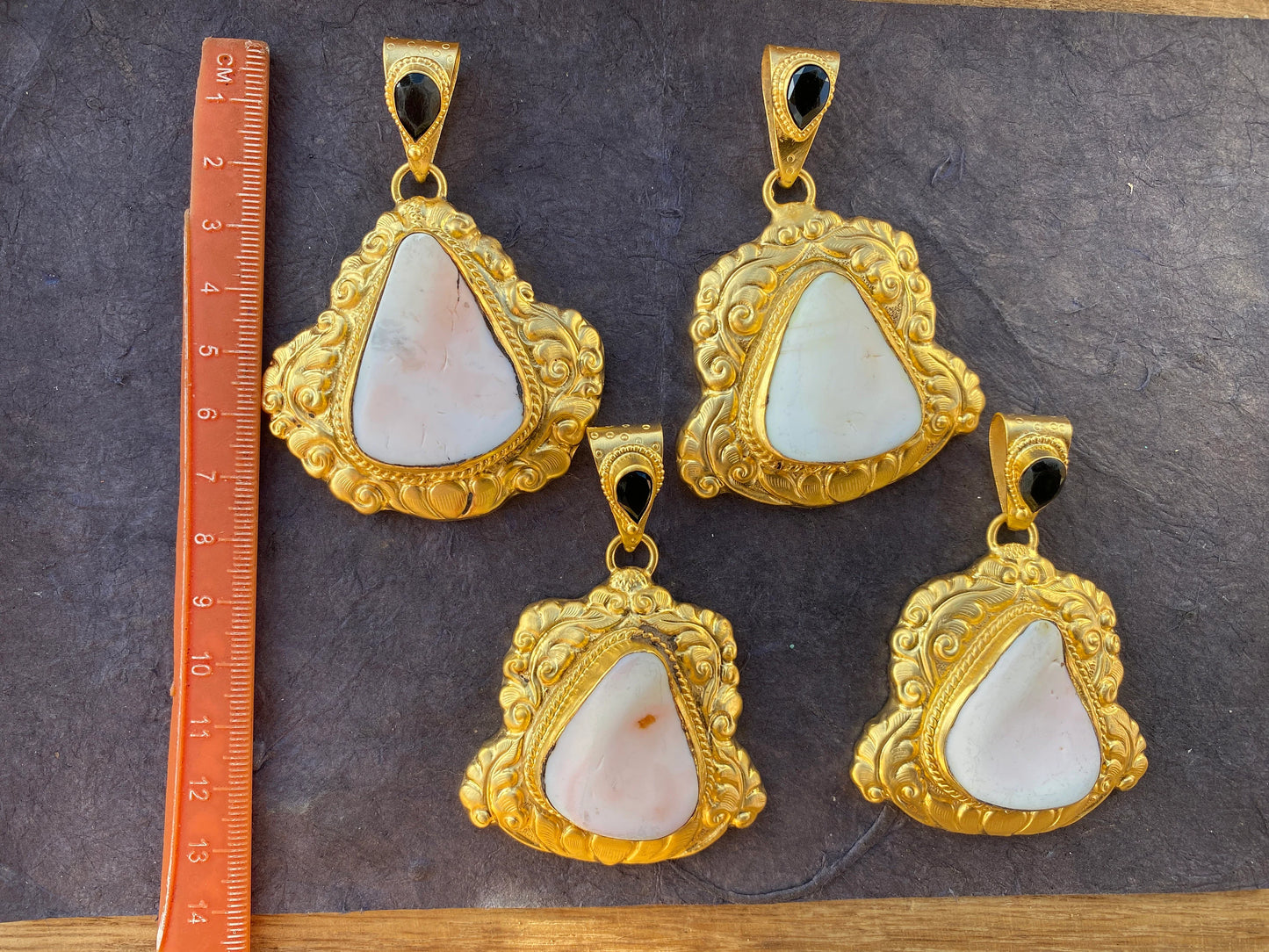 Brushed Gold Overlay Pendant, Shell with Black Onyx Gemstone, Tibetan Jewelry, Boho Style, Shell Pendant for Necklace, Ethnic Jewelry