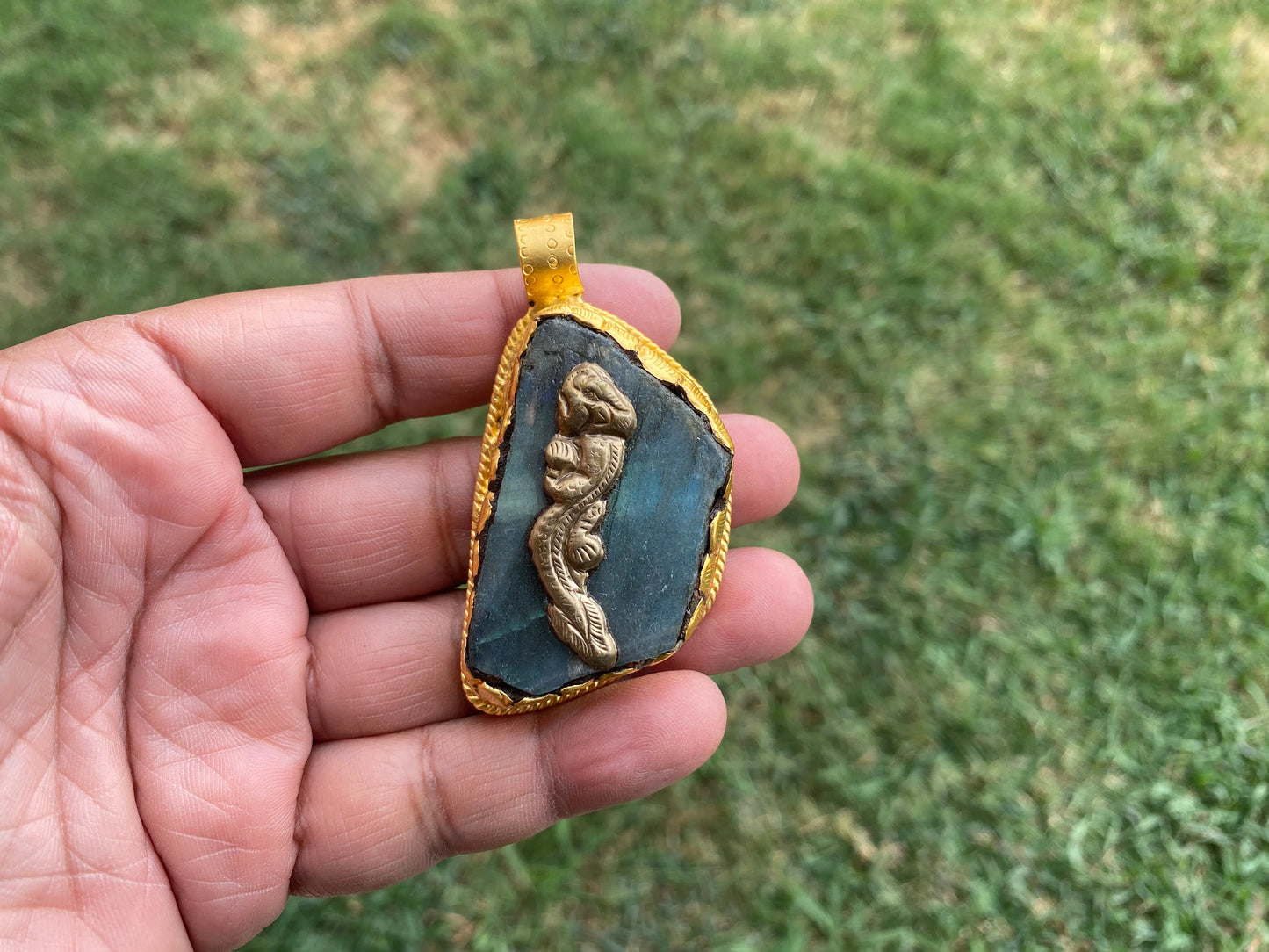 Raw Labradorite Natural Stone Pendant, Brushed Gold Overlay, Statement Piece, Elegant Jewelry, Spiritual Healing Jewelry, Premium Quality