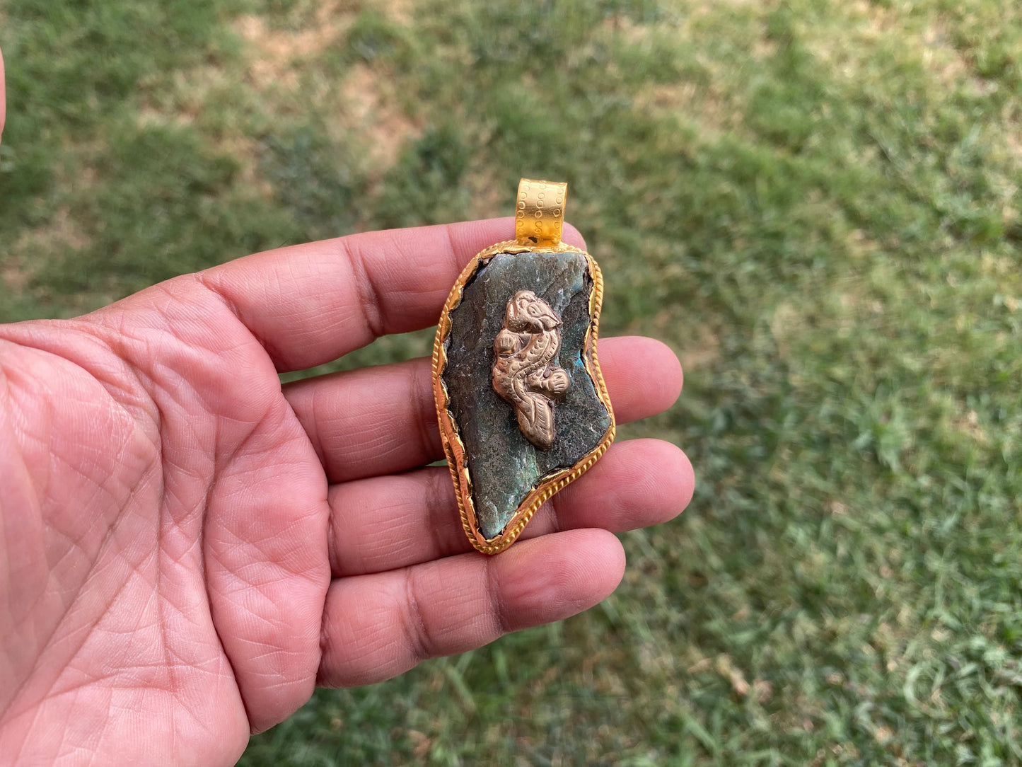 Raw Labradorite Natural Stone Pendant, Brushed Gold Overlay, Statement Piece, Elegant Jewelry, Spiritual Healing Jewelry, Premium Quality