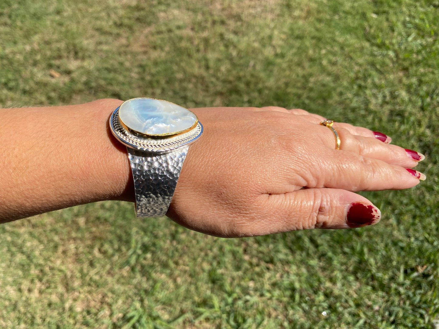 Shell Adjustable Two Tone Cuff Bracelet, Brushed Gold with Silver Overlay, Hammered Bracelet, Wide Cuff, Handcrafted Jewelry, Ocean Elegance