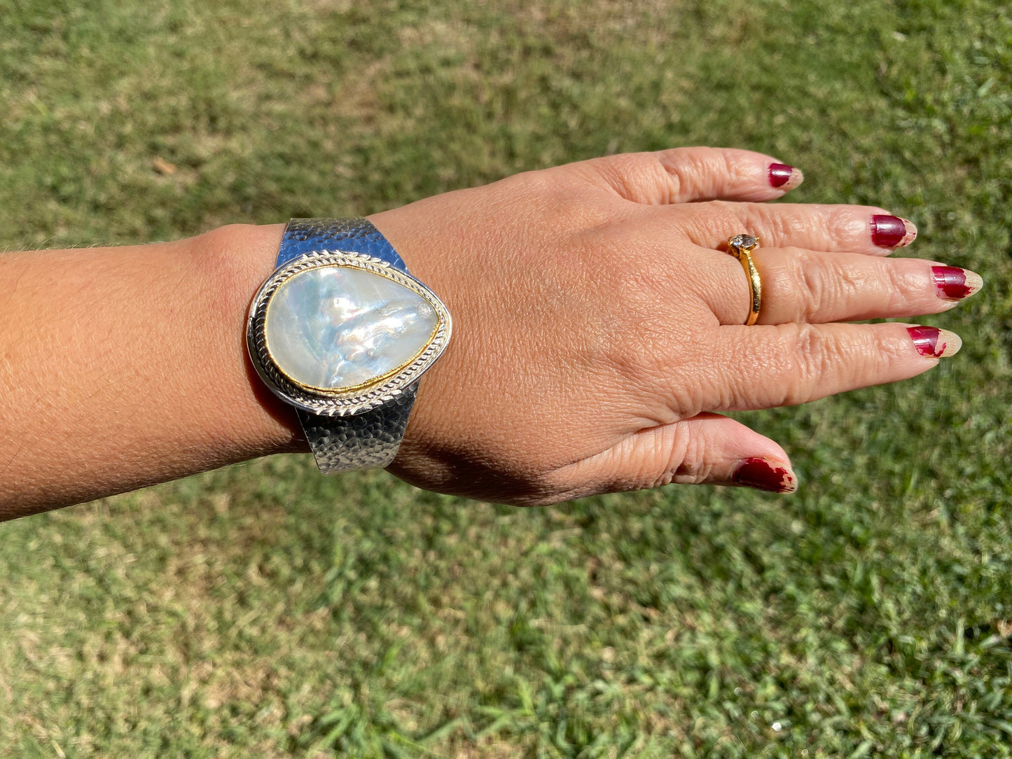 Shell Adjustable Two Tone Cuff Bracelet, Brushed Gold with Silver Overlay, Hammered Bracelet, Wide Cuff, Handcrafted Jewelry, Ocean Elegance