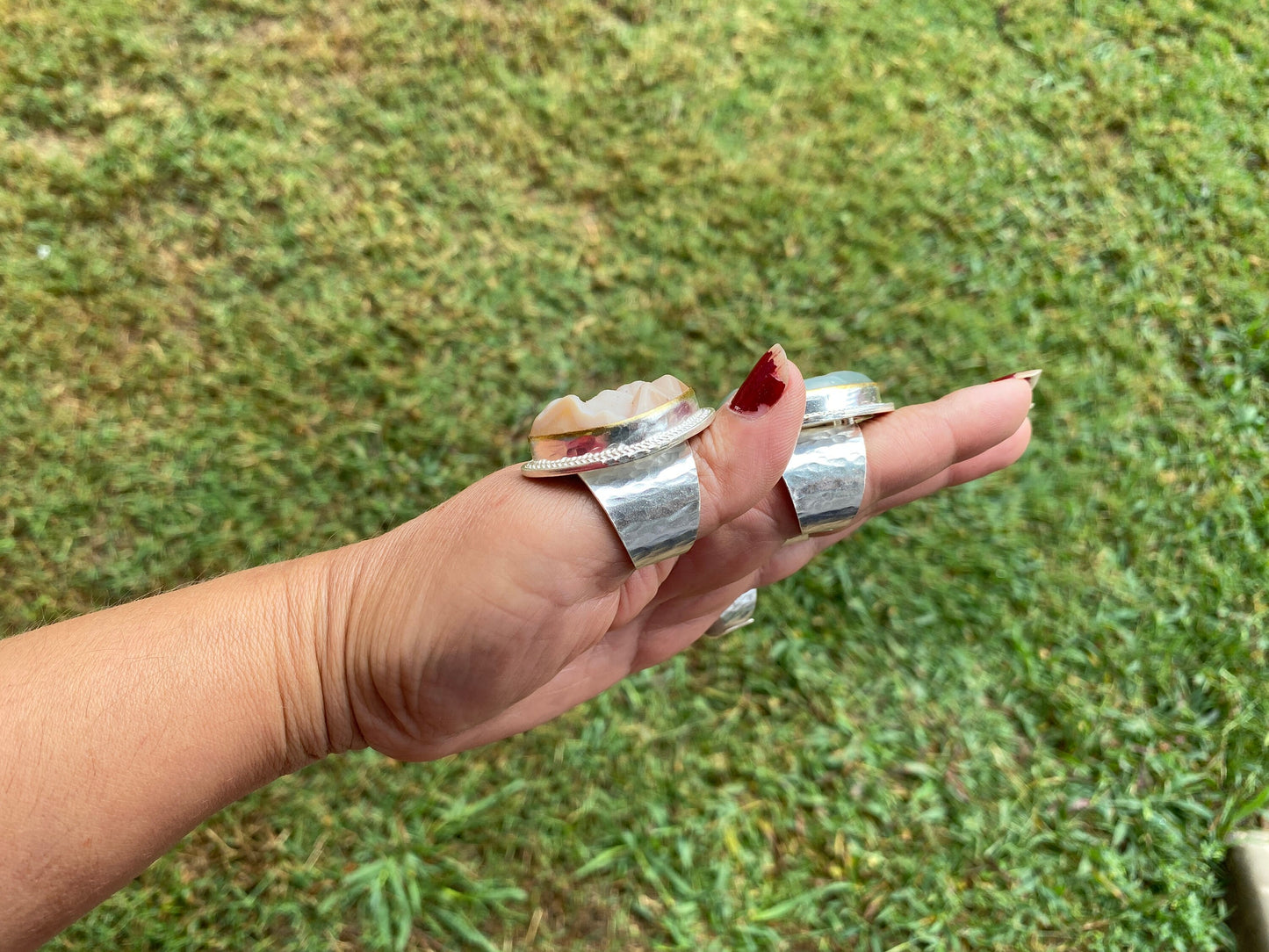 Two Tone Big Adjustable Druzy Ring, Brushed Gold with Silver Overlay Ring, Wide Band Ring, Statement Ring, Elegant Jewelry, Hammered Ring