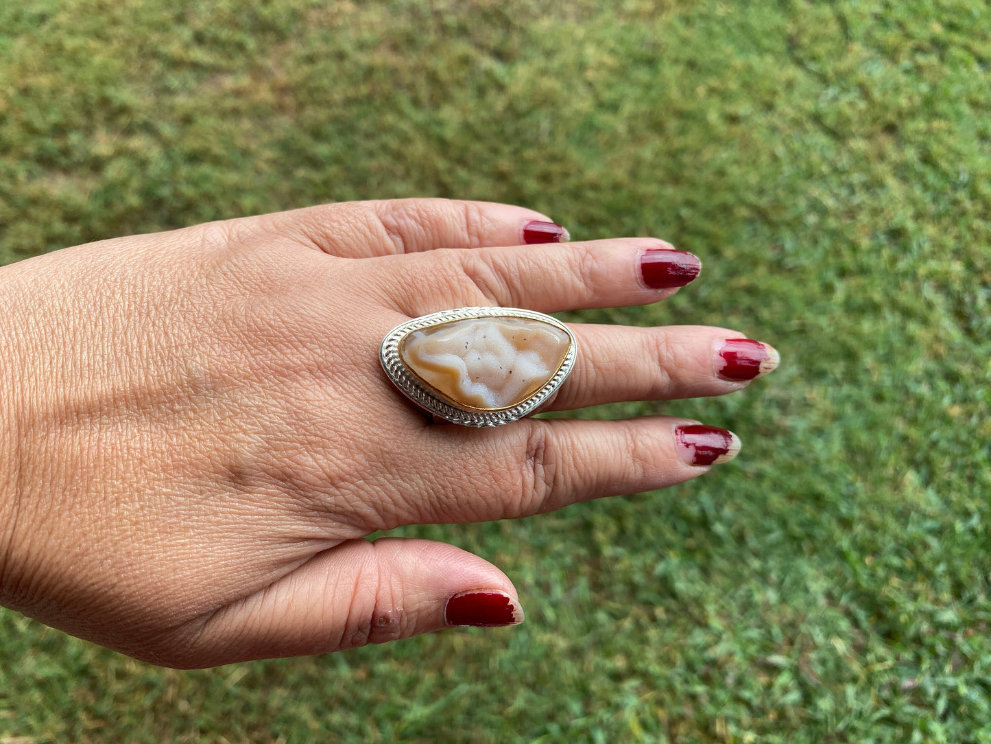Two Tone Big Adjustable Druzy Ring, Brushed Gold with Silver Overlay Ring, Wide Band Ring, Statement Ring, Elegant Jewelry, Hammered Ring
