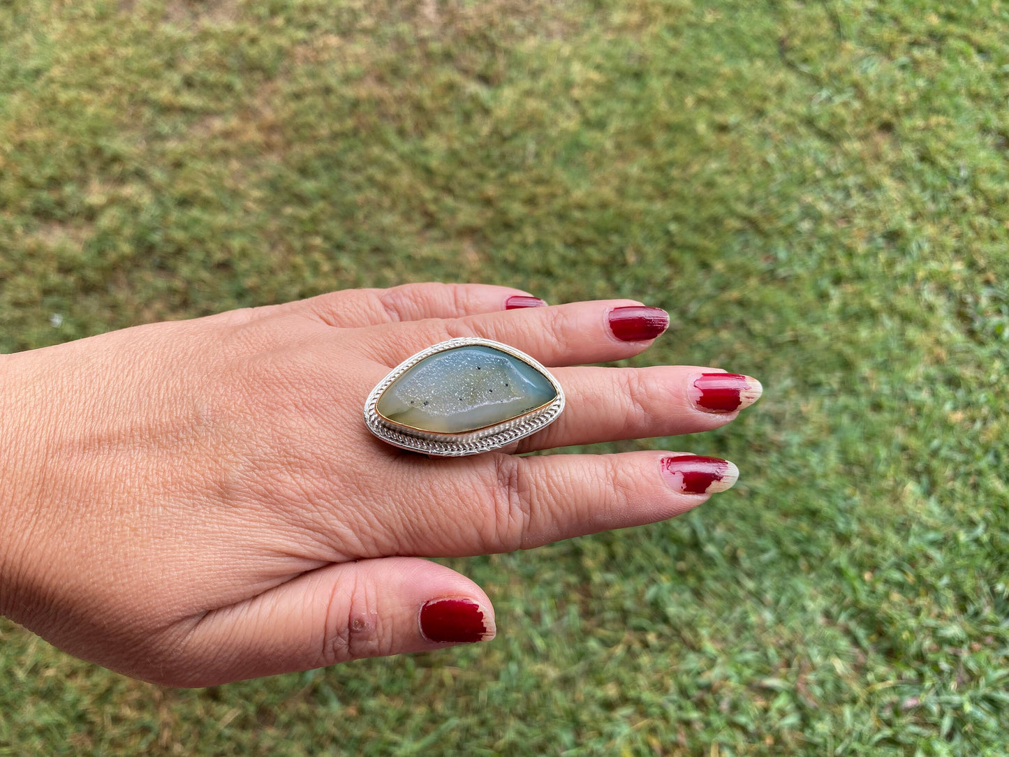 Two Tone Big Adjustable Druzy Ring, Brushed Gold with Silver Overlay Ring, Wide Band Ring, Statement Ring, Elegant Jewelry, Hammered Ring