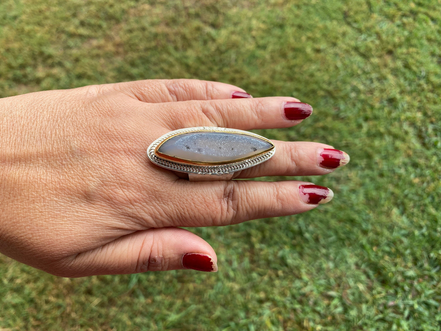 Two Tone Big Adjustable Druzy Ring, Brushed Gold with Silver Overlay Ring, Wide Band Ring, Statement Ring, Elegant Jewelry, Hammered Ring
