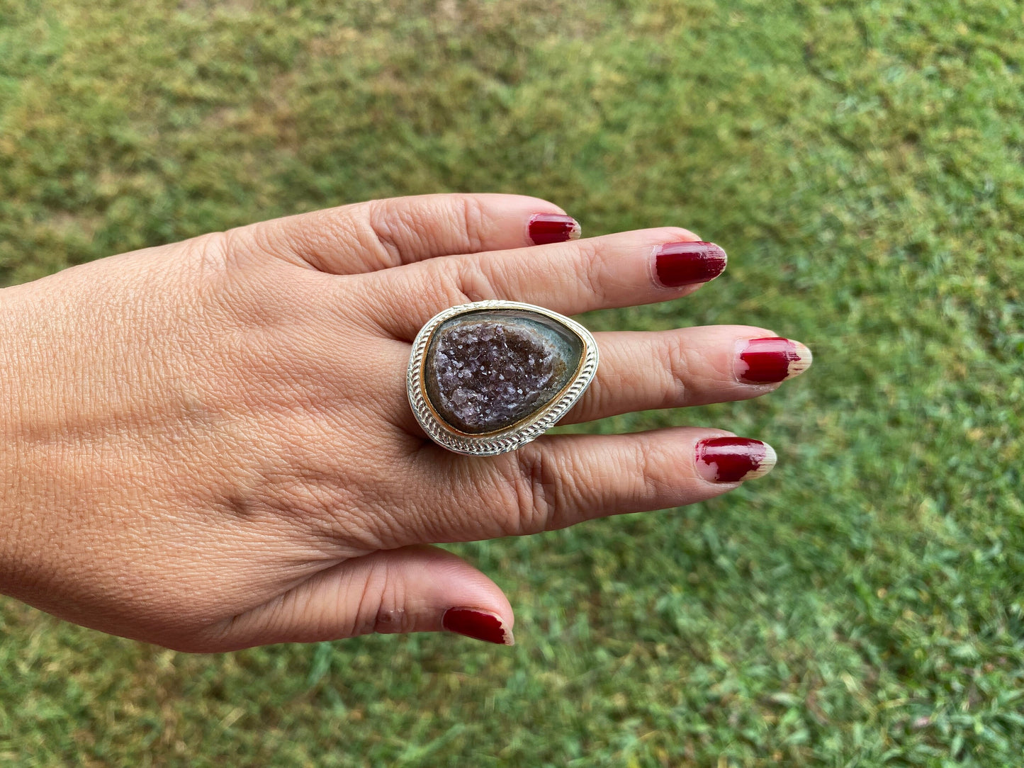 Two Tone Big Adjustable Druzy Ring, Brushed Gold with Silver Overlay Ring, Wide Band Ring, Statement Ring, Elegant Jewelry, Hammered Ring