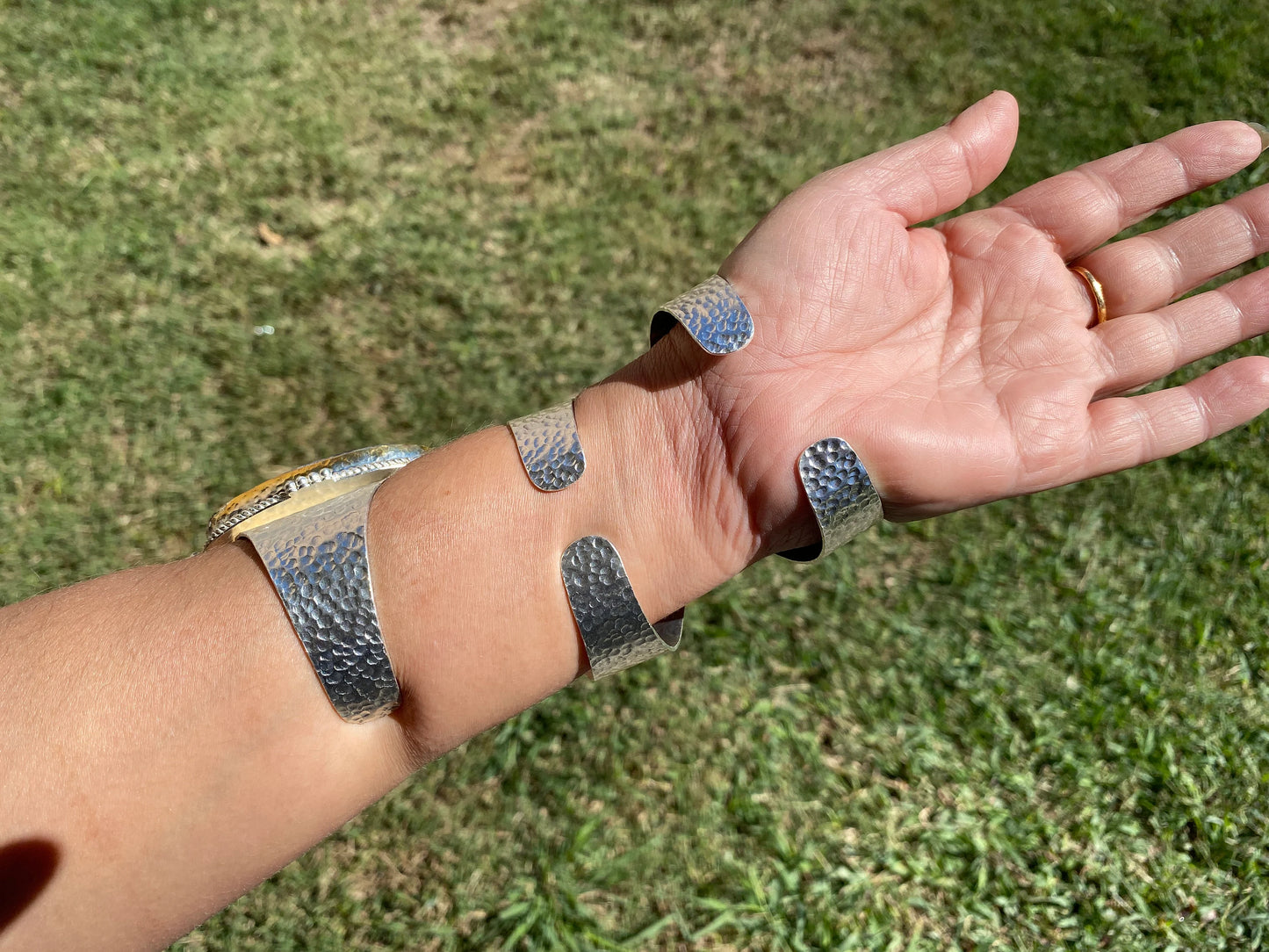 Adjustable Sodalite Natural Stone Wide Band Cuff, Brushed Gold with Silver Overlay, Hammered Bracelet, Wide Cuff, Handcrafted Jewelry