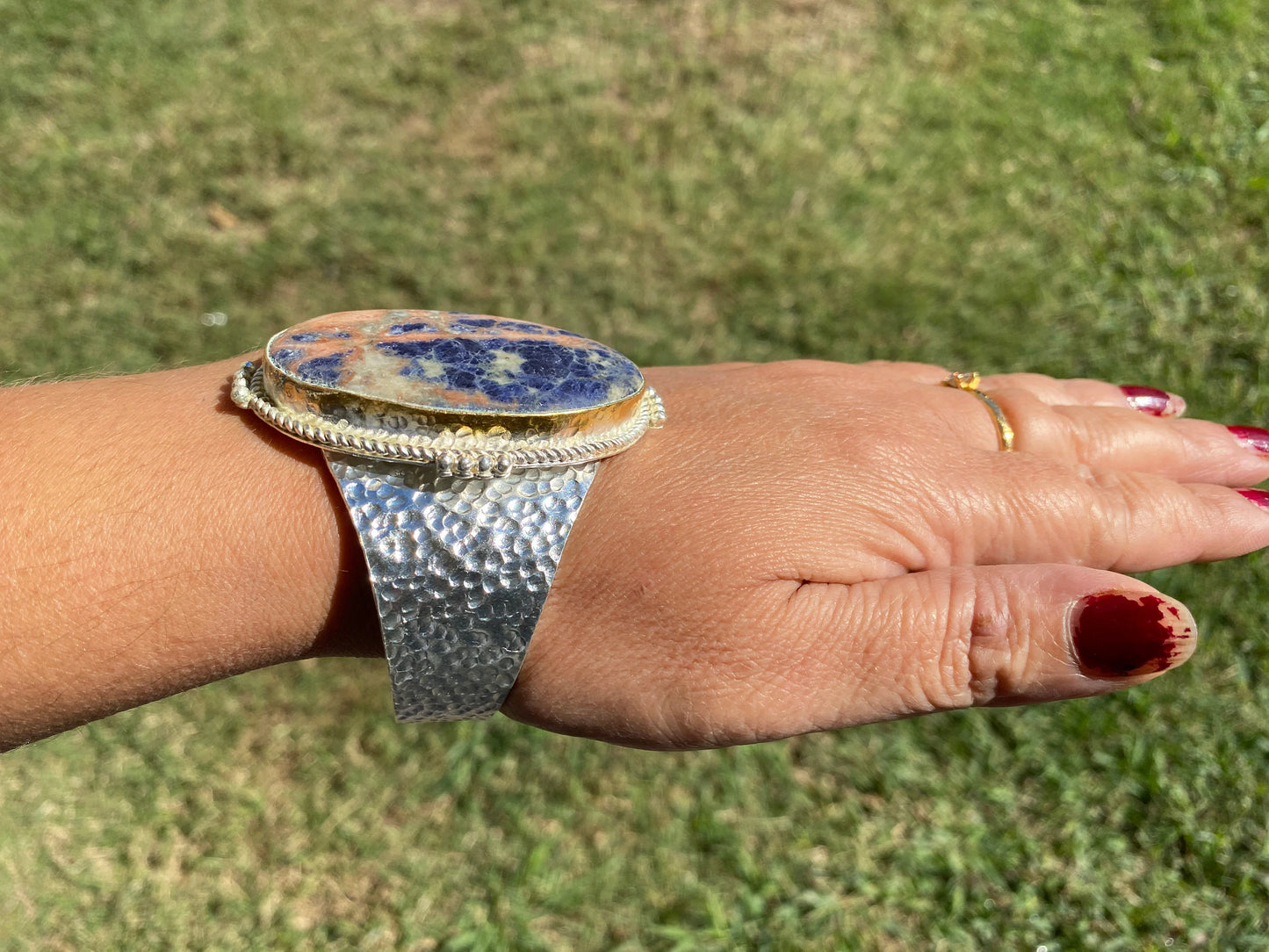Adjustable Sodalite Natural Stone Wide Band Cuff, Brushed Gold with Silver Overlay, Hammered Bracelet, Wide Cuff, Handcrafted Jewelry