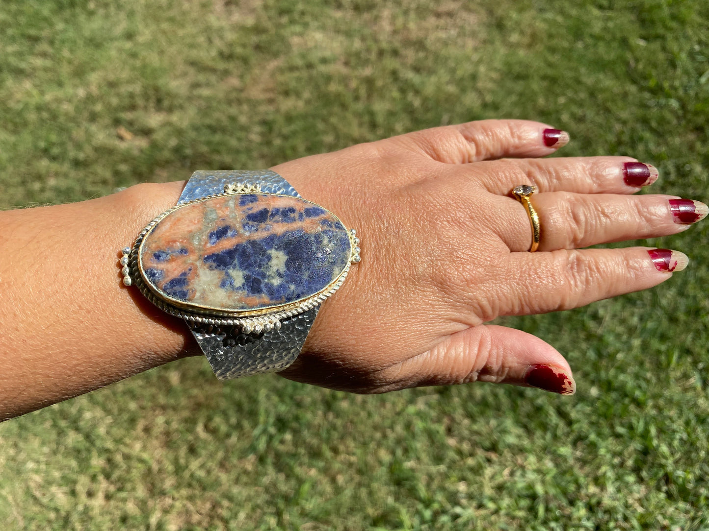 Adjustable Sodalite Natural Stone Wide Band Cuff, Brushed Gold with Silver Overlay, Hammered Bracelet, Wide Cuff, Handcrafted Jewelry