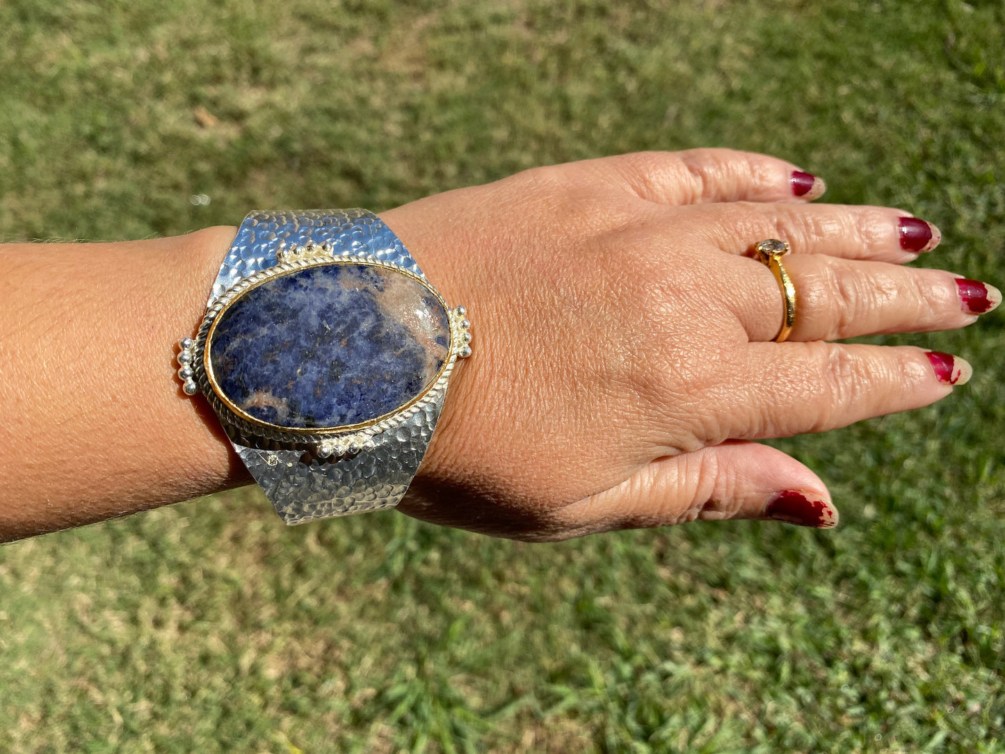 Adjustable Sodalite Natural Stone Wide Band Cuff, Brushed Gold with Silver Overlay, Hammered Bracelet, Wide Cuff, Handcrafted Jewelry