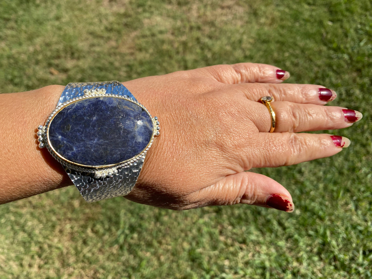 Adjustable Sodalite Natural Stone Wide Band Cuff, Brushed Gold with Silver Overlay, Hammered Bracelet, Wide Cuff, Handcrafted Jewelry
