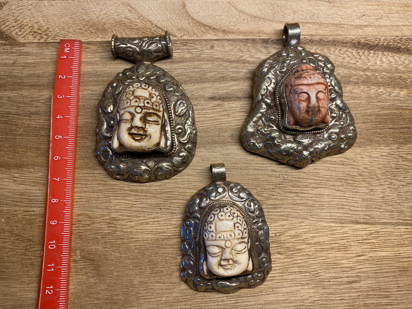 Buddha Head Tibetan Silver Pendant, Buffalo Bone, Hand carved Floral Designs, Tribal, Ethnic Jewelry, Himalayan, Hill Tribe, Tibetan Pendant
