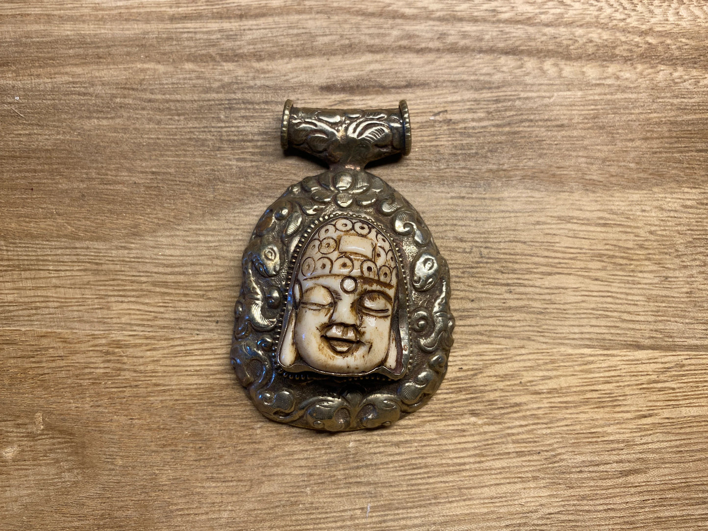 Buddha Head Tibetan Silver Pendant, Buffalo Bone, Hand carved Floral Designs, Tribal, Ethnic Jewelry, Himalayan, Hill Tribe, Tibetan Pendant