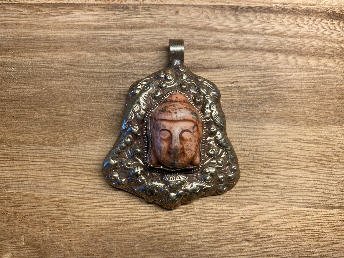 Buddha Head Tibetan Silver Pendant, Buffalo Bone, Hand carved Floral Designs, Tribal, Ethnic Jewelry, Himalayan, Hill Tribe, Tibetan Pendant