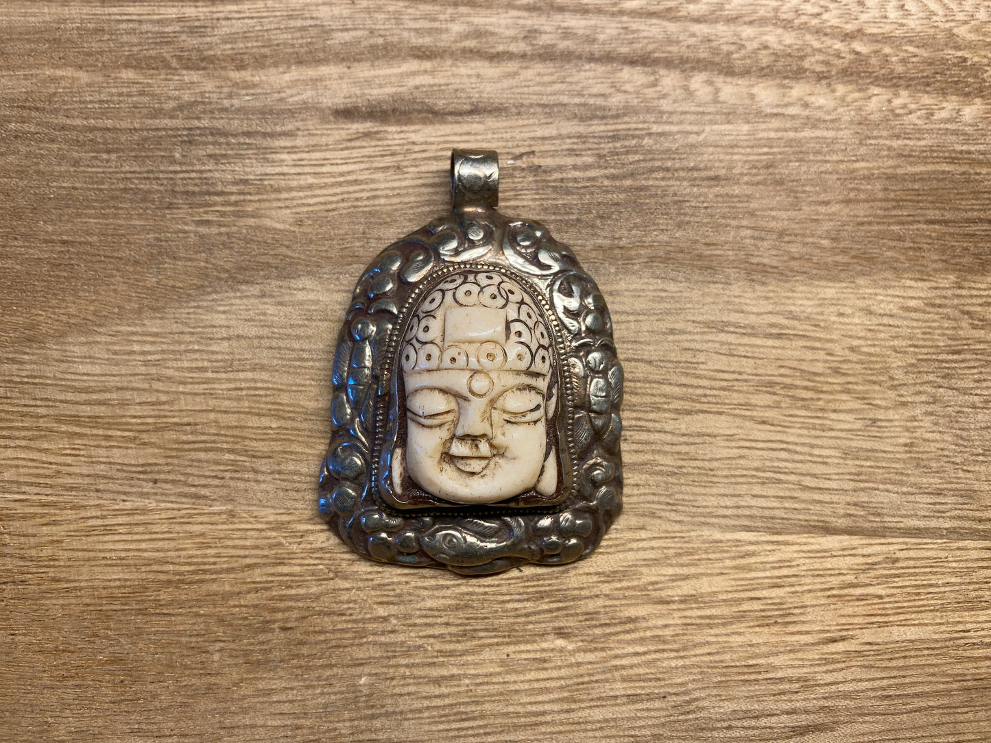 Buddha Head Tibetan Silver Pendant, Buffalo Bone, Hand carved Floral Designs, Tribal, Ethnic Jewelry, Himalayan, Hill Tribe, Tibetan Pendant