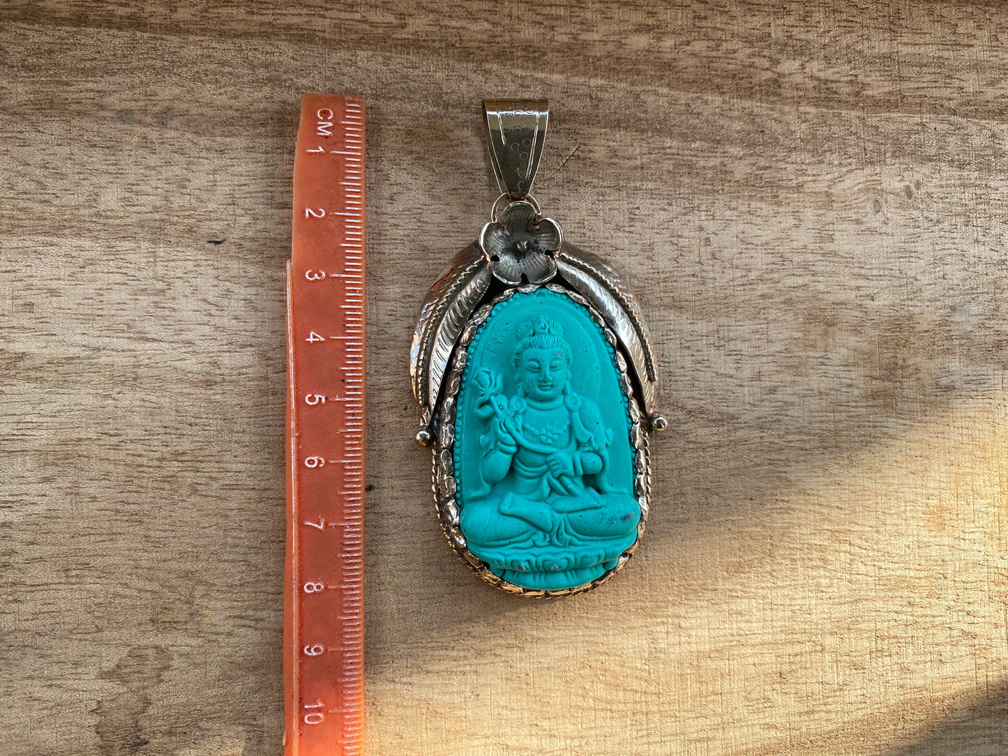 Buddha Tibetan Silver Pendant, Compressed Turquoise Color, Spiritual Jewelry, Zen Accessory, Buddhist Symbol, Peaceful Amulet, Noble Path