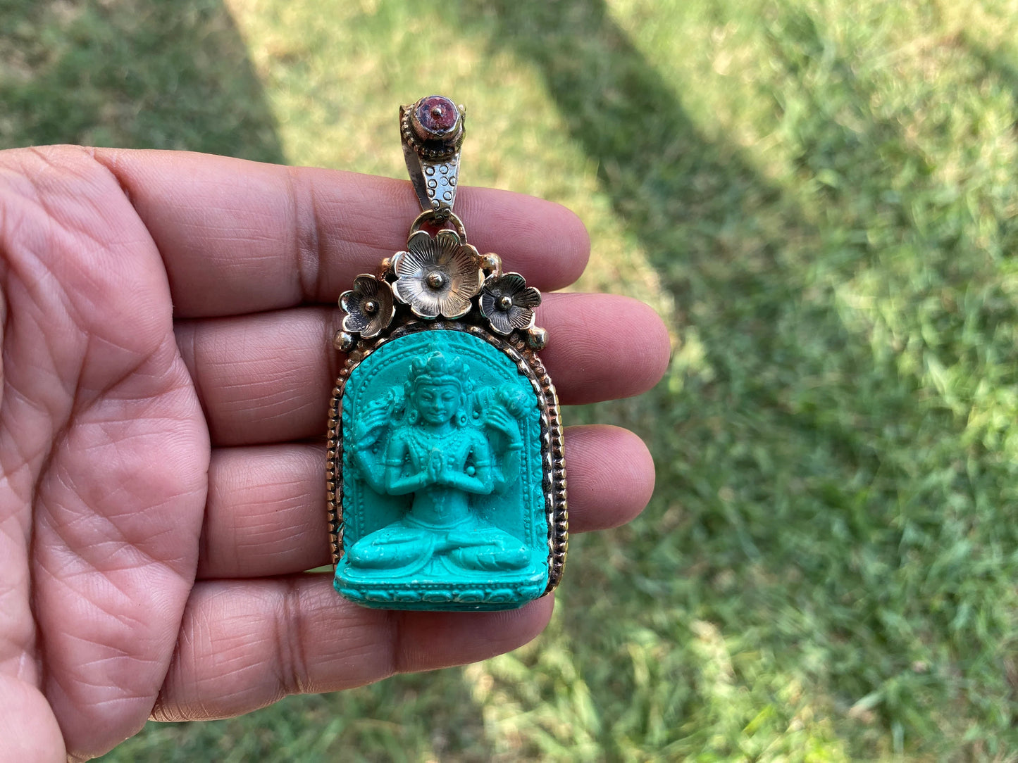 Buddha Tibetan Silver Pendant, Compressed Turquoise Color, Spiritual Jewelry, Zen Accessory, Buddhist Symbol, Peaceful Amulet, Noble Path