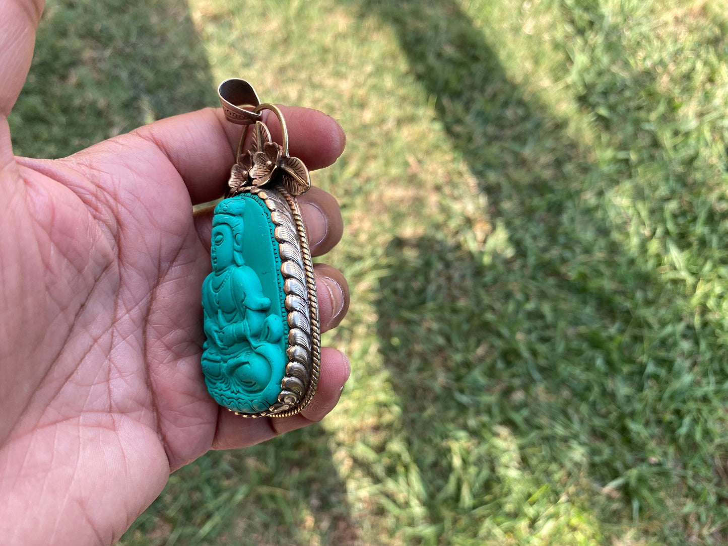Buddha Tibetan Silver Pendant, Compressed Turquoise Color, Spiritual Jewelry, Zen Accessory, Buddhist Symbol, Peaceful Amulet, Noble Path
