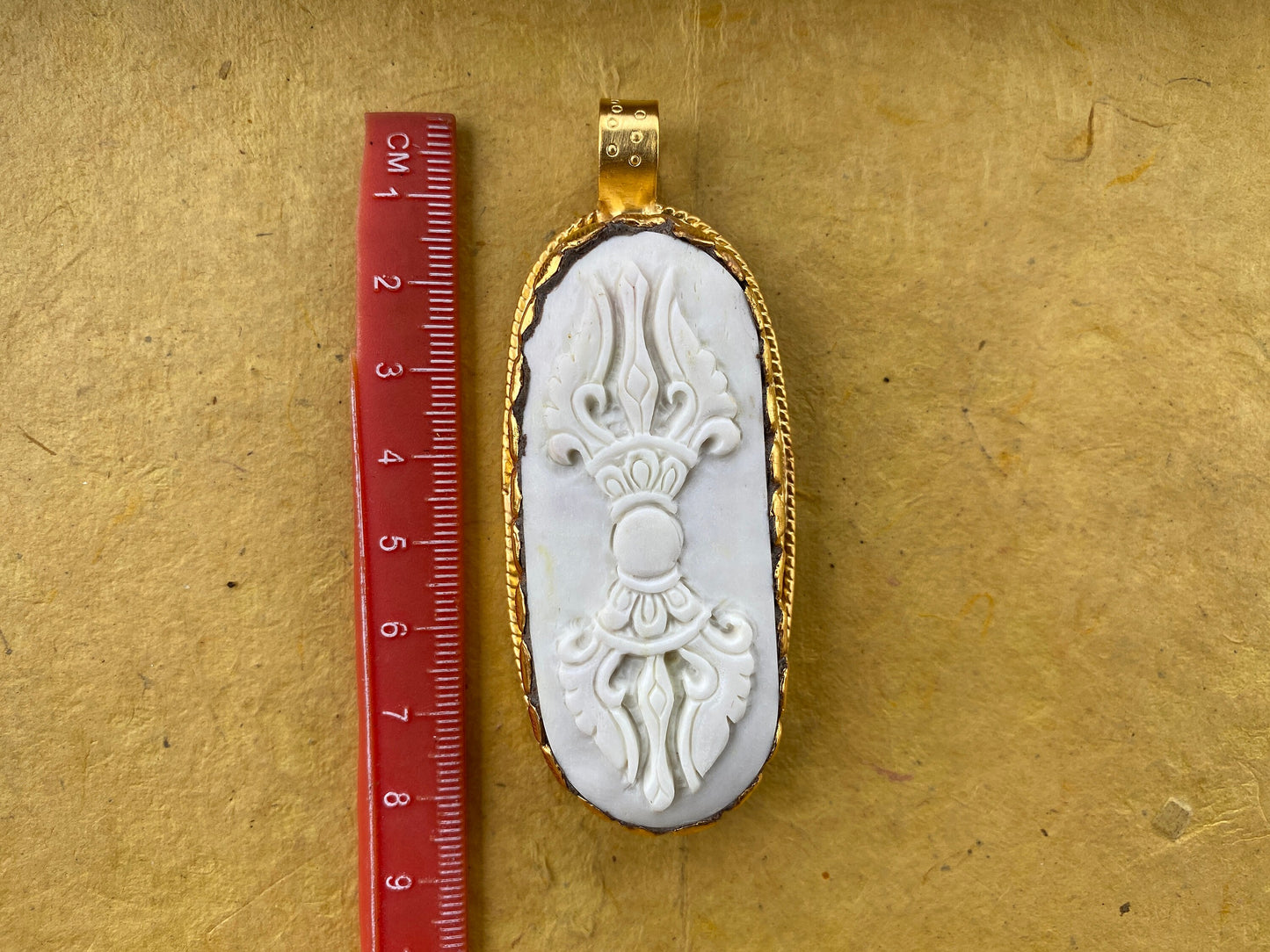 Buddhist Amulets, Ritual Object Vajra Dorje Tibetan Pendant, Buffalo Bone, Matte Gold Overlay Non Tarnish, Protector Amulet, Shiva Trident