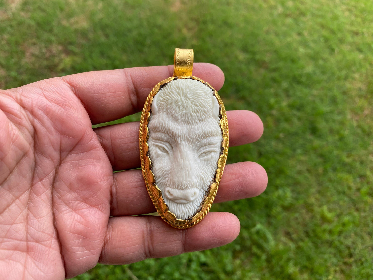 Buffalo Head Pendant, Hand Carved Buffalo Bone, High Quality 18k Matte Gold Overlay with Anti Tarnish, For Men or Women, For Animal Lovers