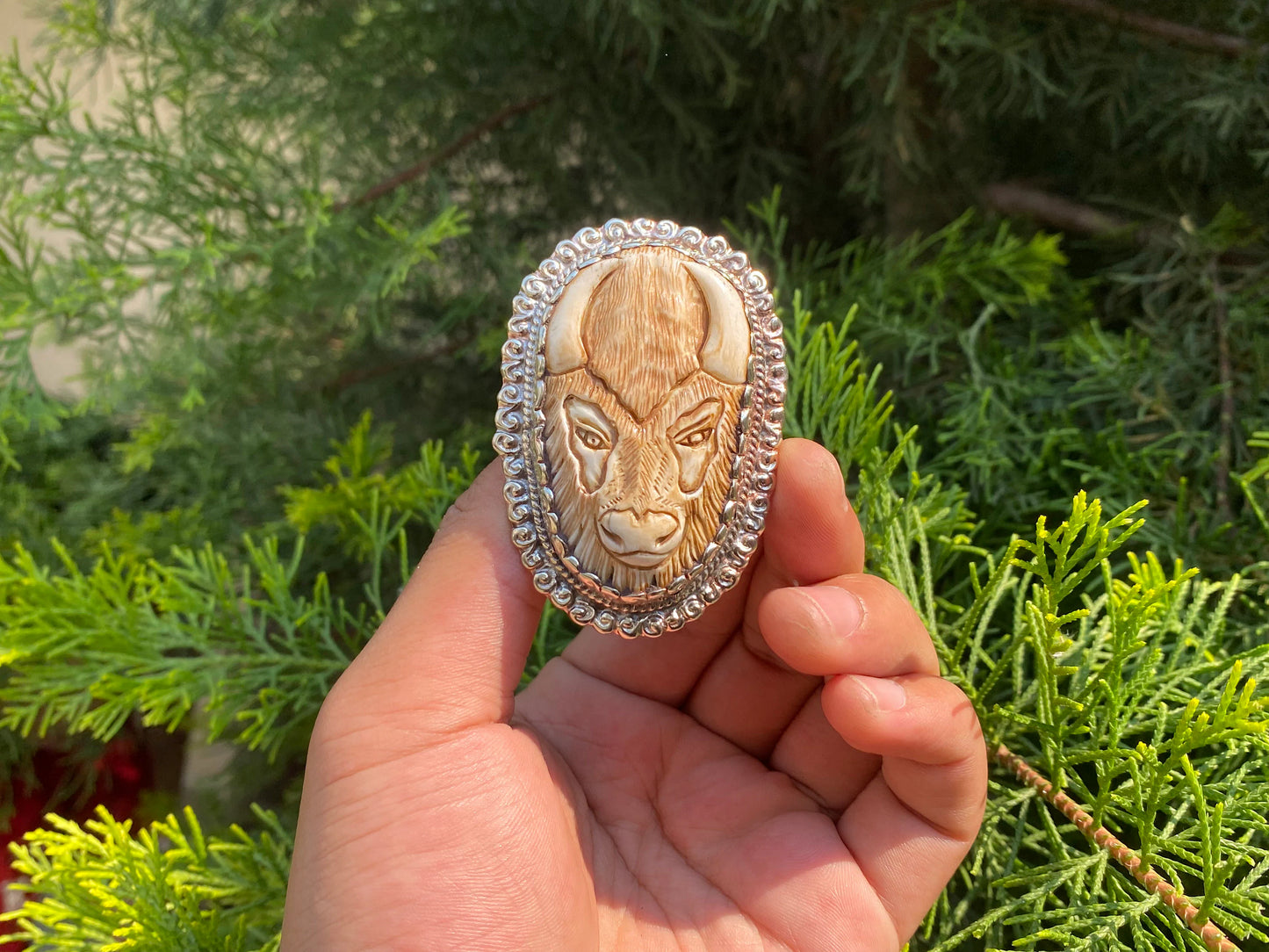 Bull Carved Adjustable Ring with Tibetan Silver Detailing, Hammered Ring, Bone Carved Ring.