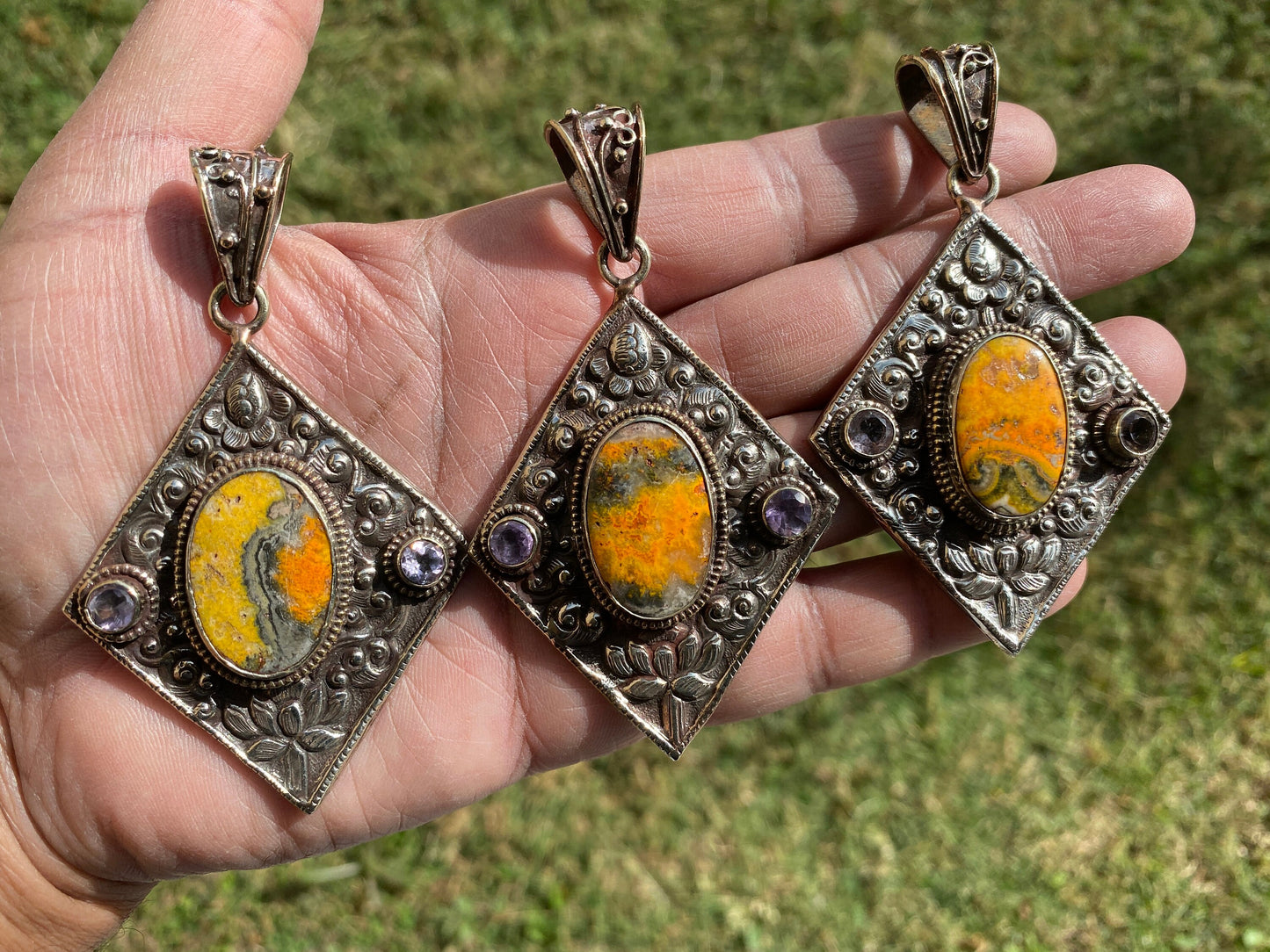 Bumblebee Jasper Tibetan Silver Pendant, Faceted Amethyst Gemstones, Tibetan Pendant, Ethnic Jewelry, Jewelry from Nepal, Natural Stone