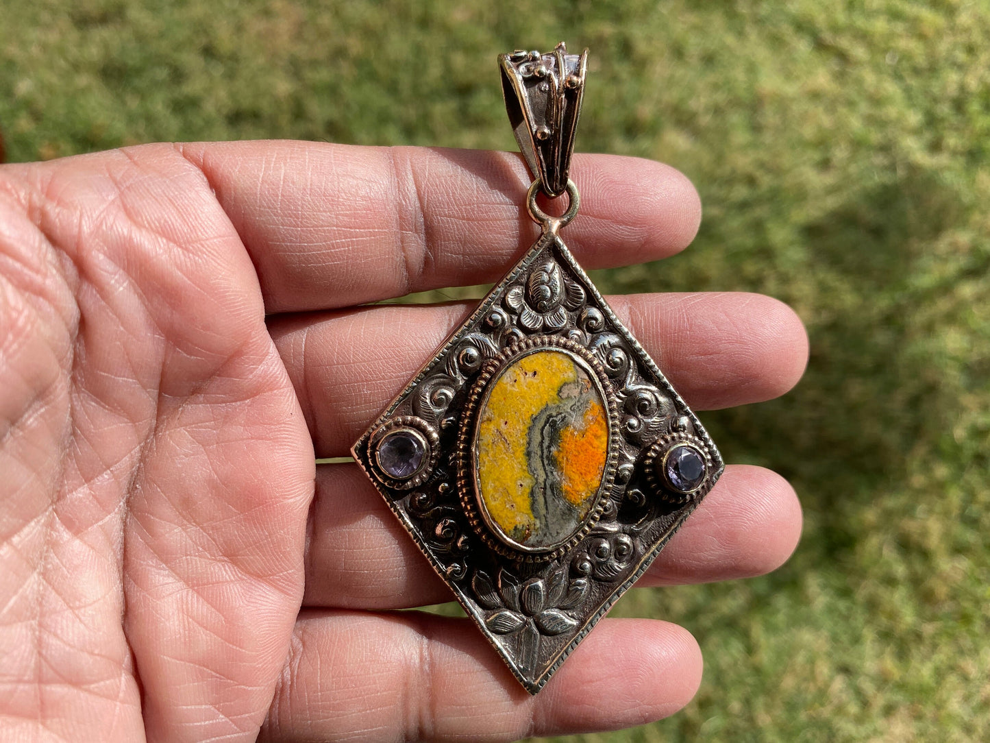 Bumblebee Jasper Tibetan Silver Pendant, Faceted Amethyst Gemstones, Tibetan Pendant, Ethnic Jewelry, Jewelry from Nepal, Natural Stone
